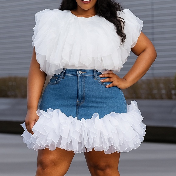 Passion of Essence Tops - PLUS SIZE RUFFLE TULLE CROP TOP BLOUSE  WHITE